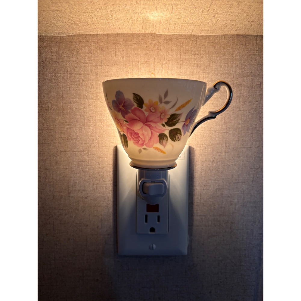 Handcrafted Vintage Floral Teacup Night Light Porcelain Rose Pansy Gold Trim